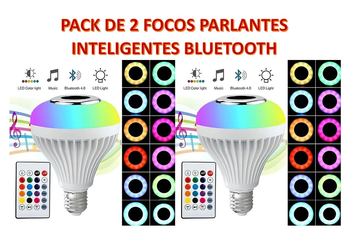 PACK DE 2 FOCOS LED PARLANTE INTELIGENTE MUSICAL BLUETOOTH MULTICOLOR