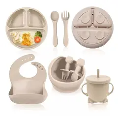 GENERICO - SET DE ALIMENTACIÓN CON CUCHARA SILICONA 5 PIEZAS GRIS