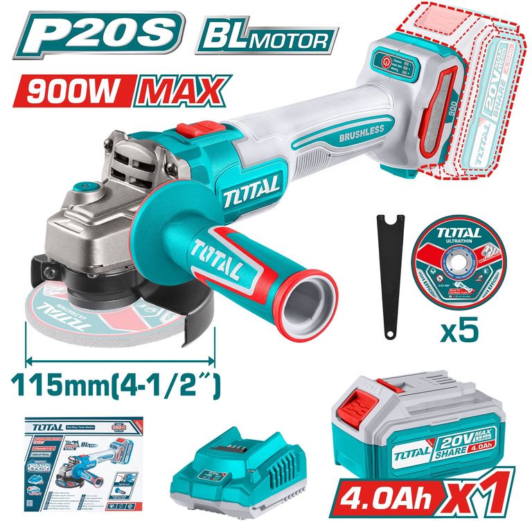 AMOLADORA ESMERIL INALÁMBRICA 20V 4½" INDUSTRIAL BRUSHLESS BAT 4 AH TOTAL TAGLI261521