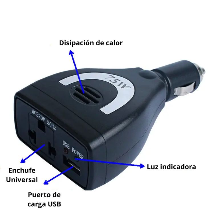 Inversor de Corriente para Auto de 12v A 220v Usb 75W