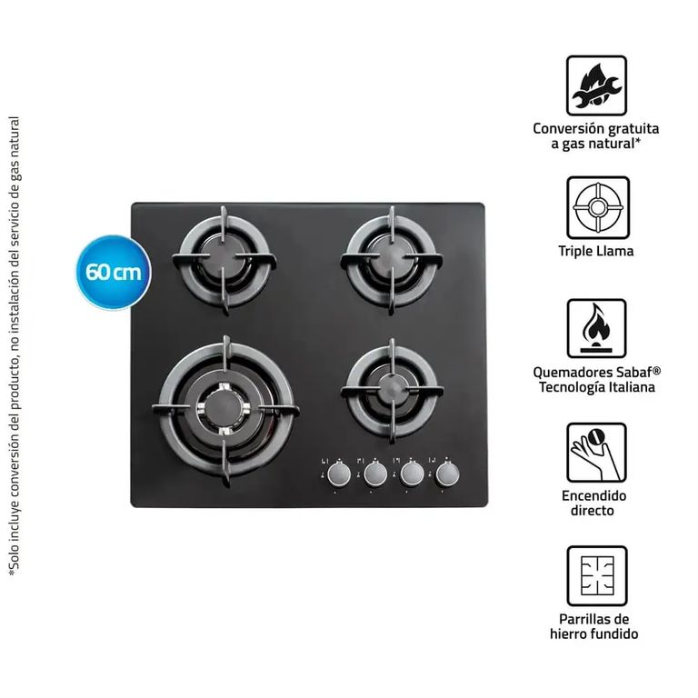 Encimera Multigas 4 Quemadores Negro EGI-604VDNEG