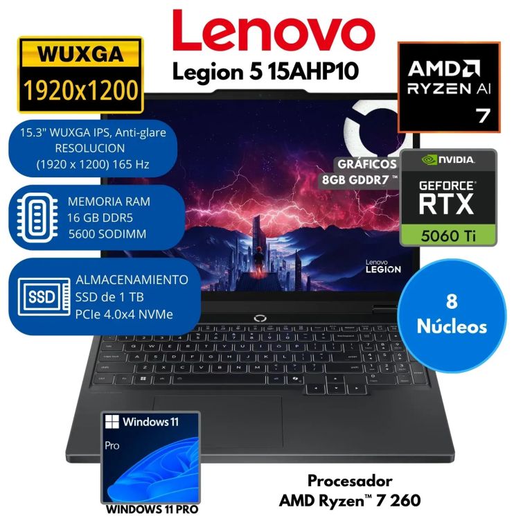 Laptop Legion 5 AMD Ryzen 7 260 RAM 16 GB SSD 1 TB 15.3"WUXGA RTX 5060 8 GB Windows 11 PRO