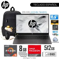 HP - Laptop 255 G10 (A12HBLT#ABM) AMD Ryzen5-7520U 8GB RAM 512GB SSD 15.6" HD + Mochila y Mouse