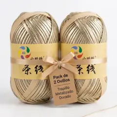 GENERICO - Pack x 2 Trapillo Dorado Champán Brillante para Crochet y Manualidades 2 Ovillos de 100g - 45m