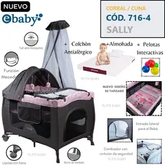 EBABY - CUNA CORRAL CON MECEDORA SALLY 716-4 - ROSADO + COLCHON