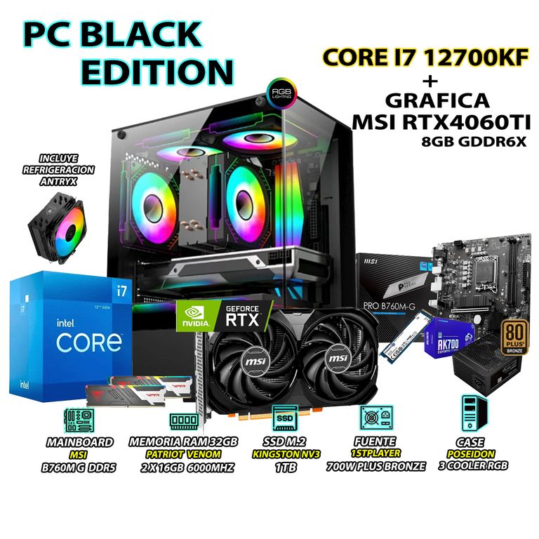 Computadora PC Gamer Core i7 12700KF RAM 32GB SSD 1TB GRAFICA RTX 4060TI 8GB