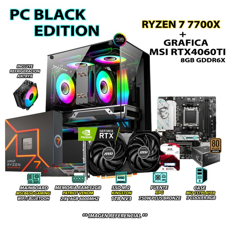 Computadora PC Gamer RYZEN 7 7700X RAM 32GB DDR5 SSD 1TB GRAFICA RTX 4060TI 8GB