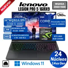 LENOVO - Laptop Legion Pro 5 16IRX9 16” WQXGA, Core i9-14900HX, Ram 16GB, Ssd 1TB, Rtx 4060, Win 11