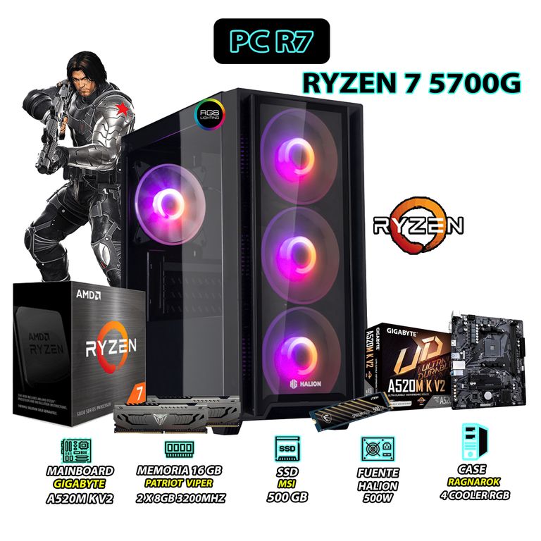 Computadora PC Ryzen 7 5700G RAM 16GB DISCO SSD 500GB CON GRAFICOS RADEON