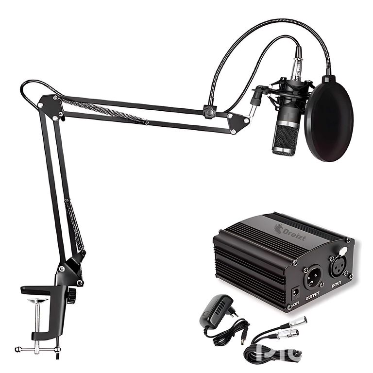Combo Micrófono BM 800 Negro y Phantom power para Stream y estudio