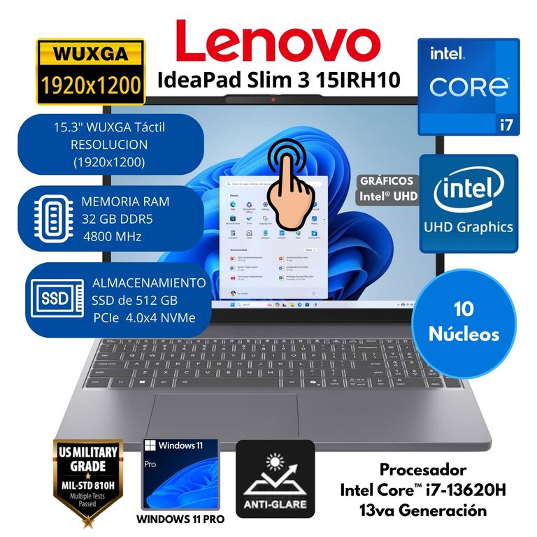 Laptop IdeaPad Slim 3 Intel Core i7(15IRH10) RAM 16 GB SSD 512 GB 15.3"WUXGA Táctil Win 11