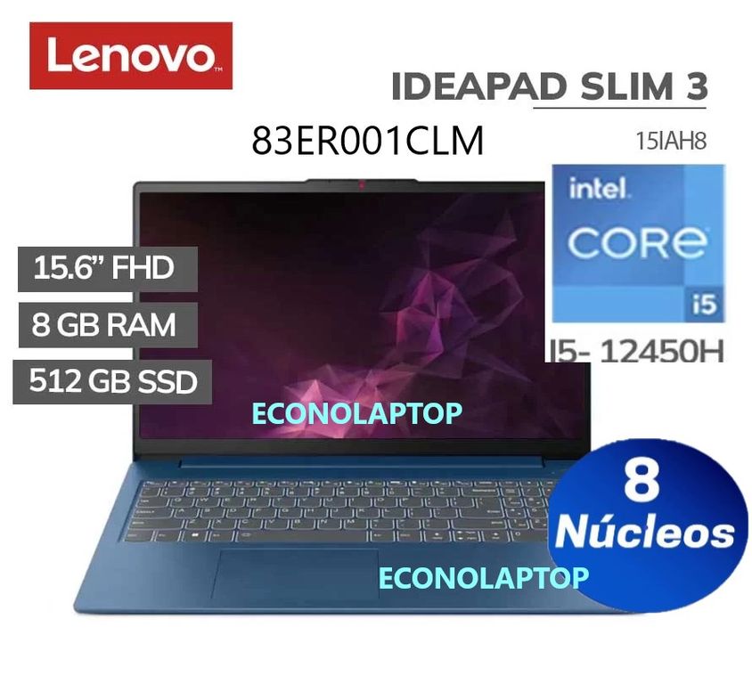 Laptop IdeaPad Slim 3 15IRH8 I5 12450H 8GB 512 SSD 15.6 FHD FREE DOS