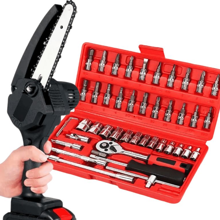 Motosierra 14'' y Set de Dados 46 Piezas: ¡Todo lo que Necesitas!