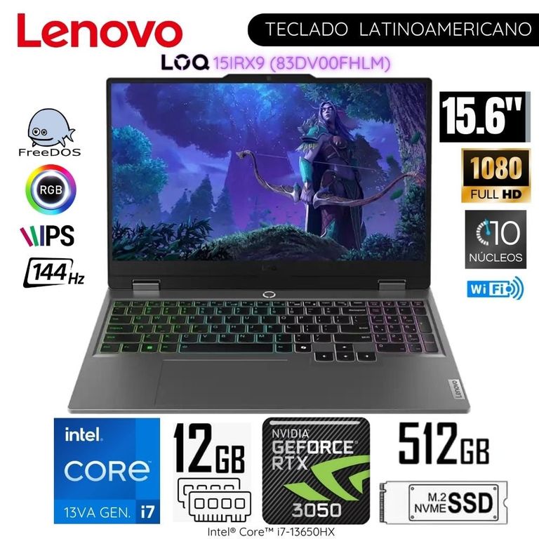 Laptop LOQ 15IRX9 Intel Core i7-13650HX12GB RAM 512GB SSD 15.6" FHD RTX3050 - 83DV00FHLM