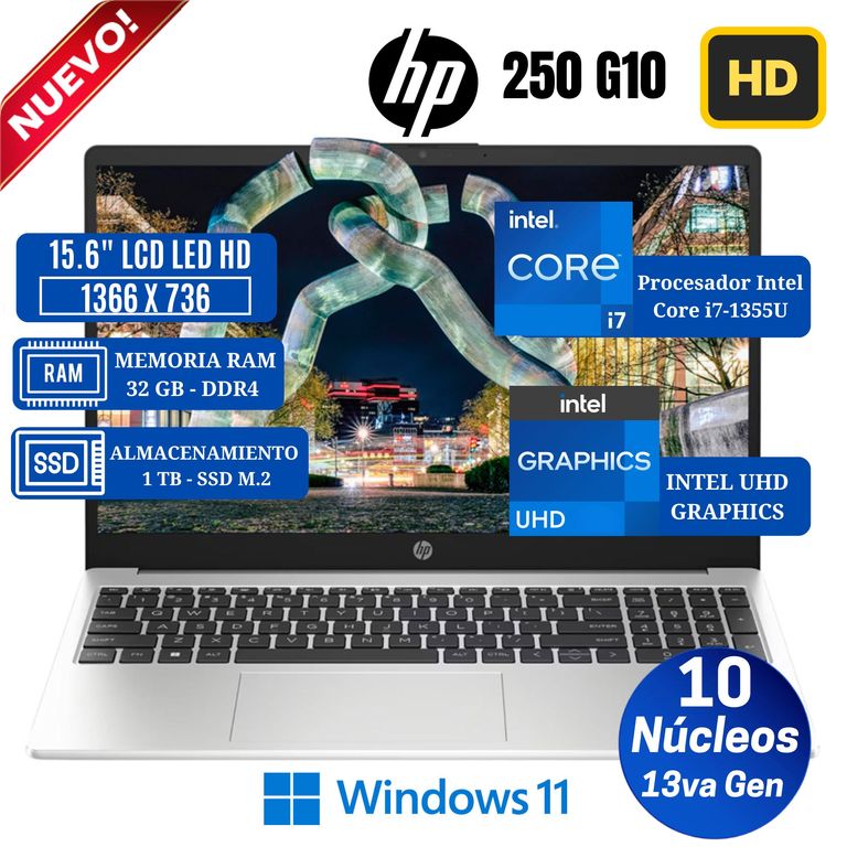 Laptop 250 G10 15.6" LCD LED HD, Intel Core i7-1355U, 13va Gen, Ram 32GB, Ssd 1 TB, Win 11