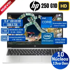 HP - Laptop 250 G10 15.6" LCD LED HD, Intel Core i7-1355U, 13va Gen, Ram 32GB, Ssd 1 TB, Free Dos