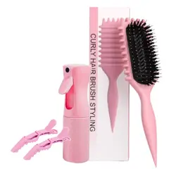 GENERICO - PACK DE DEFINICIÓN PARA EL CABELLO RIZADO COLOR ROSA PEINE CURLY BOUNCE ATOMIZADOR Y GANCHOS