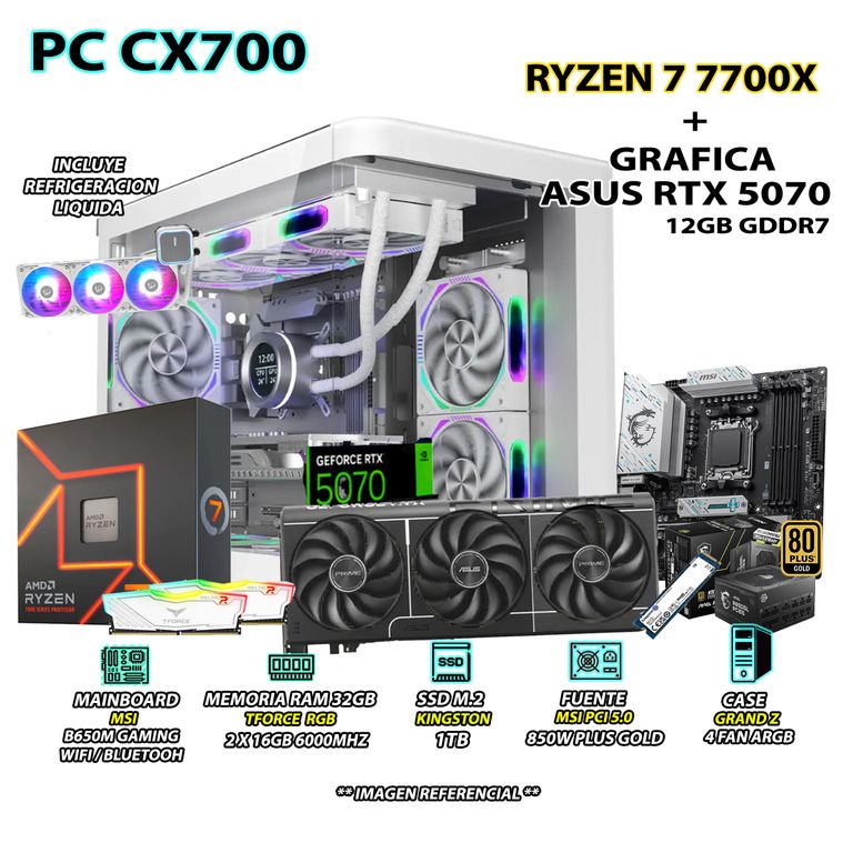 Computadora PC Gamer RYZEN 7 7700X RAM 32GB DDR5 SSD 1TB GRAFICA RTX 5070 12GB