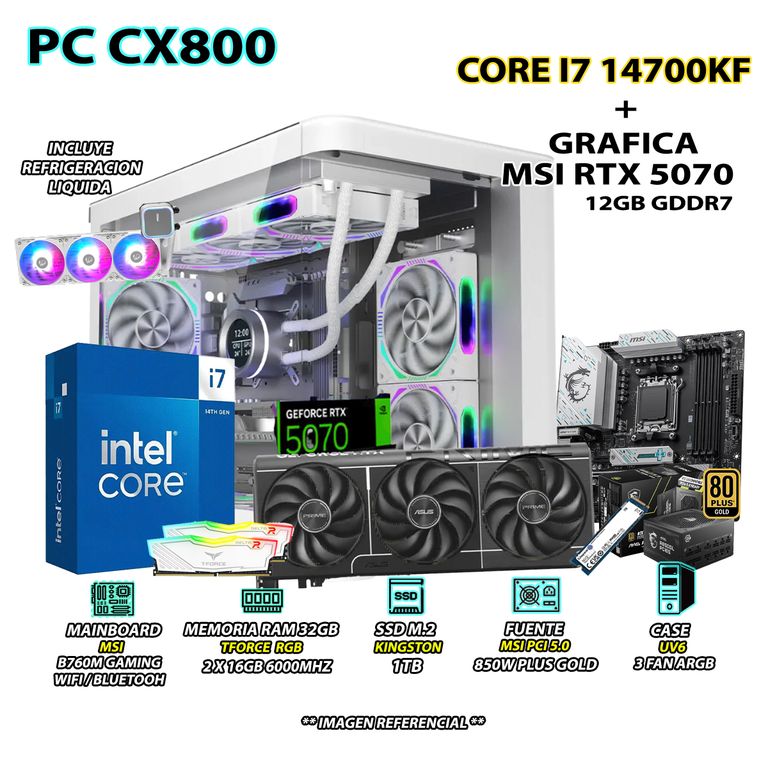 Computadora PC Gamer Core i7 14700KF RAM 32GB SSD 1TB GRAFICA RTX 5070 12GB