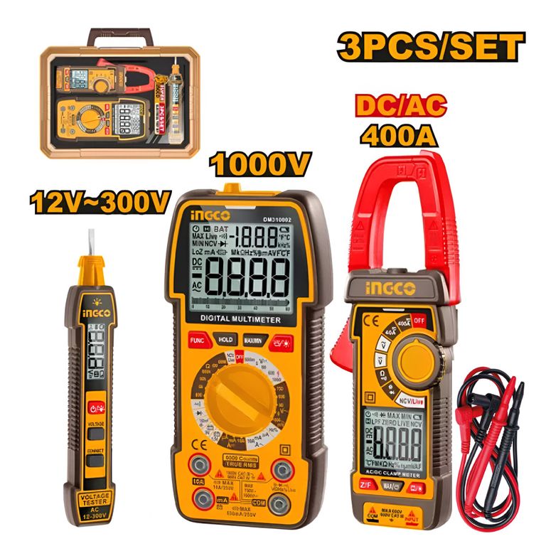 KIT INGCO AMPERÍMETRO + MULTIMETRO DIGITAL + DETECTOR VOLTAJE COS24067