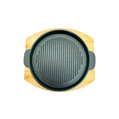 ICHIMATSU - PLANCHA ASADORA DE HIERRO FUNDIDO REDONDA CON BASE DE MADERA