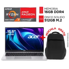 ACER - Laptop RYZEN 7 5700U RAM 16GB SSD 512GB Pantalla 15.6” FULL HD + MOCHILA