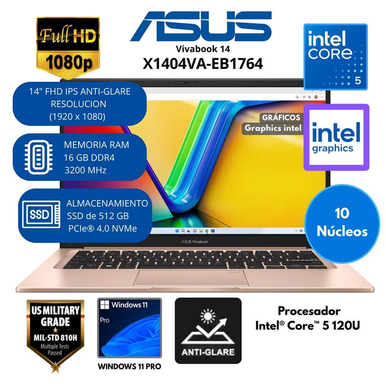 Laptop Vivobook Intel Core 5(X1404VA-EB1764) RAM 16 GB SSD 512 GB 14"FHD Windows 11 PRO
