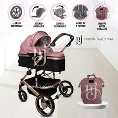 BEAUTIFUL - Coche Moisés de lujo con Mochila pañalera «MILAN LITE» Pink