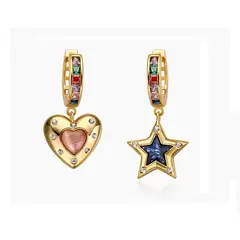 GENERICO - Aretes Asimétricos Estrella Blue y Corazón Ópalo Rosa