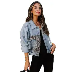 GIOIO - Chaqueta mujer estampado leopardo mezclado con denim rotos casual entallada