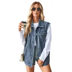 GIOIO - Chaleco denim lavado mujer holgado casual abierto
