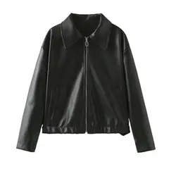 GIOIO - Chaqueta mujer de cuero solida con cuello cuadrado estilo europeo casual