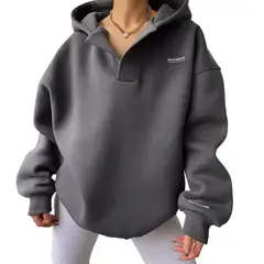 GIOIO - Buzo mujer con capucha estampado manga larga cuello V forrado casual