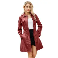 GIOIO - Chaqueta mujer de PU larga con cinturon estilo britanico elegante
