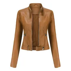 GIOIO - Chaqueta mujer de cuero corta con cuello alto ligera casual primavera otoño