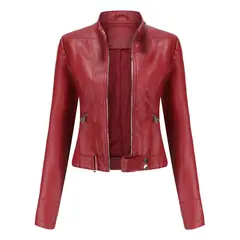 GIOIO - Chaqueta mujer de cuero corta con cuello alto ligera casual primavera otoño