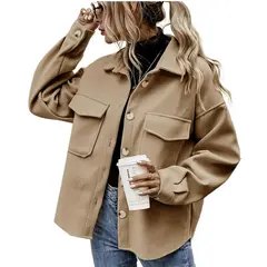 GIOIO - Abrigo Mujer Solapa Cuello Botonadura Simple Lana Grueso Holgado