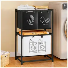 GENERICO - Cesto de Ropa 2 Niveles 3 Compartimientos para Lavandería 97x57x28cm Negro