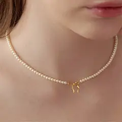 NO LOGO - Collar De Perlas Con Colgante Lazo Dorado