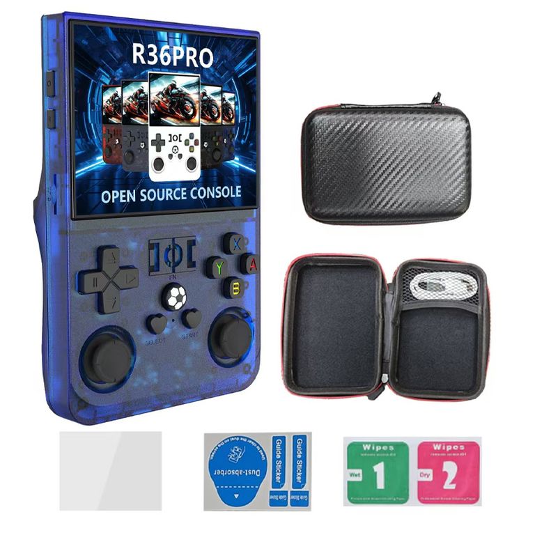 Consola Portatil Retro Game R36S Pro 64GB Azul y Estuche