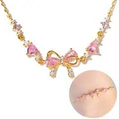 NO LOGO - Pulsera de cadena de corazón de amor con lazo de circón rosa