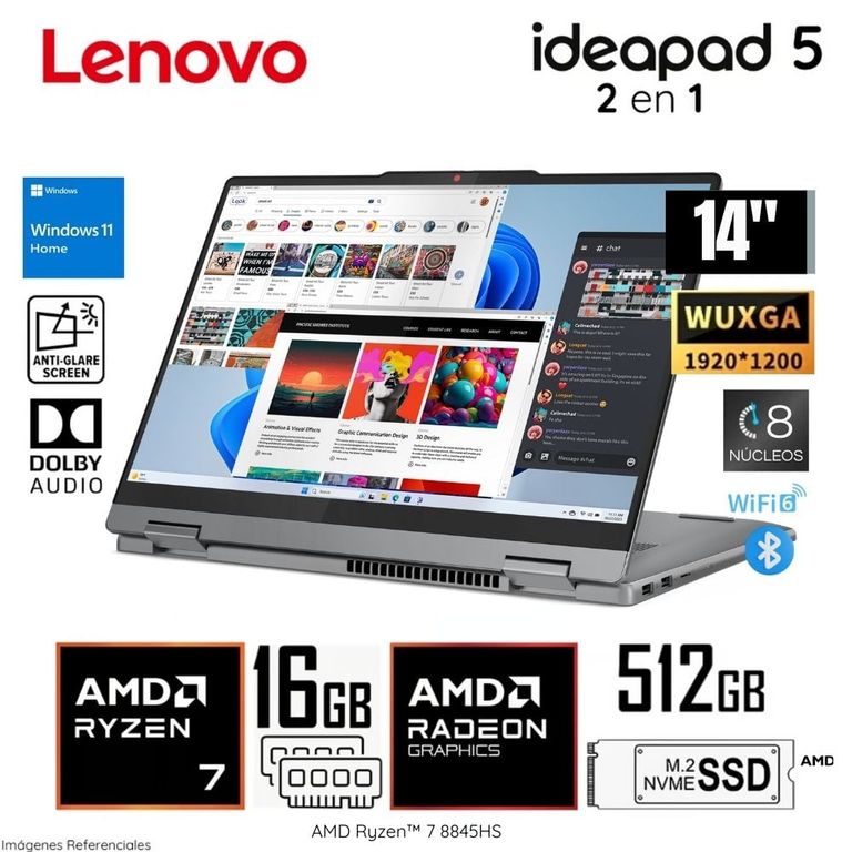 Laptop Ideapad 4 14AHP9 2 En 1 AMD Ryzen7-8845HS 16GB RAM 512GB SSD 14" WUXGA 83DR007QLM