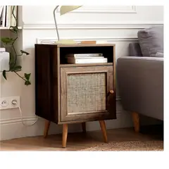 TU MESITA - Mesa de Noche Ariosto color Marrón con Rejilla de Ratán 1 puerta