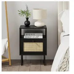 TU MESITA - Mesita de Noche con Malla en Ratán Leonard Negro 1 puerta