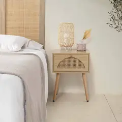 TU MESITA - Velador Vintage Portugal Rovere con Rejilla Ratán 1 cajón