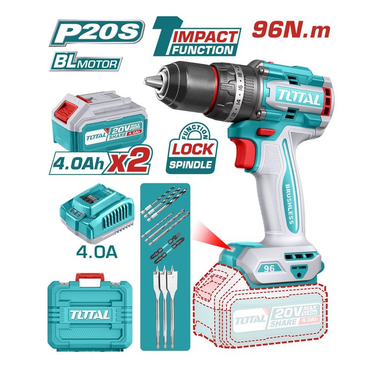 TALADRO PERCUTOR 20V 96NM INDUSTRIAL13MM BRUSHLESS TOTAL TIDLI20968