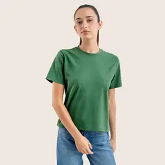 DROP THE LABEL - Polo Verde Bosque para Mujer Cuello Redondo Manga Corta Algodón