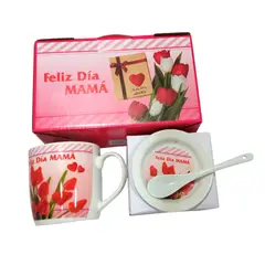 GENERICO - Taza de te con cucharita y platito en cajita Rosas