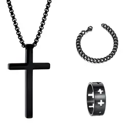 NO LOGO - Juego 3 Piezas Collar Cadena Cruz Dije Anillo Pulsera Hombre