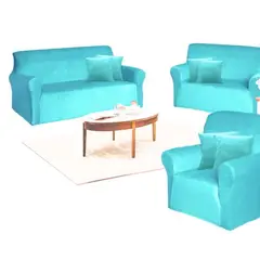 SALA FABULOSA - Funda de mueble 3-2-1 en terciopelo liso con 6 fundas de cojines - Turquesa